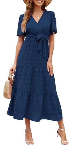 Wantonfy Sommerkleid Damen Freizeitkleider Elegant V Ausschnitt Strandkleid Midikleid Kurzarm A Linie Cocktailkleid von Wantonfy