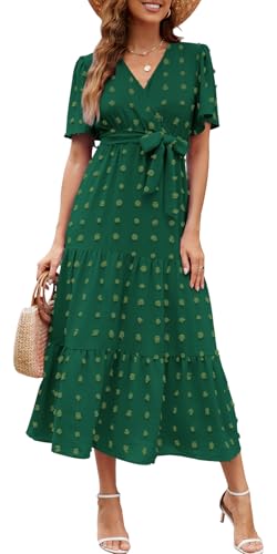 Wantonfy Sommerkleid Damen Freizeitkleider Elegant V Ausschnitt Strandkleid Midikleid Kurzarm A Linie Cocktailkleid von Wantonfy