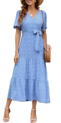 Wantonfy Sommerkleid Damen Freizeitkleider Elegant V Ausschnitt Strandkleid Midikleid Kurzarm A Linie Cocktailkleid von Wantonfy