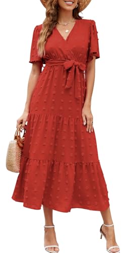 Wantonfy Sommerkleid Damen Freizeitkleider Elegant V Ausschnitt Strandkleid Midikleid Kurzarm A Linie Cocktailkleid von Wantonfy