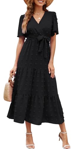 Wantonfy Sommerkleid Damen Freizeitkleider Elegant V Ausschnitt Strandkleid Midikleid Kurzarm A Linie Cocktailkleid von Wantonfy