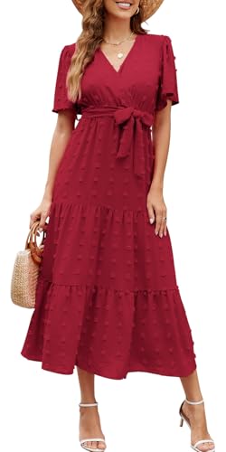Wantonfy Sommerkleid Damen Freizeitkleider Elegant V Ausschnitt Strandkleid Midikleid Kurzarm A Linie Cocktailkleid von Wantonfy