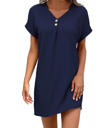 Wantonfy Sommerkleid Damen V-Ausschnitt Halbarm Hemdkleid Strandkleid Freizeit Kleider Einfarbig Kurzes Kleid mit Taschen von Wantonfy