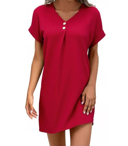 Wantonfy Sommerkleid Damen V-Ausschnitt Halbarm Hemdkleid Strandkleid Freizeit Kleider Einfarbig Kurzes Kleid mit Taschen von Wantonfy