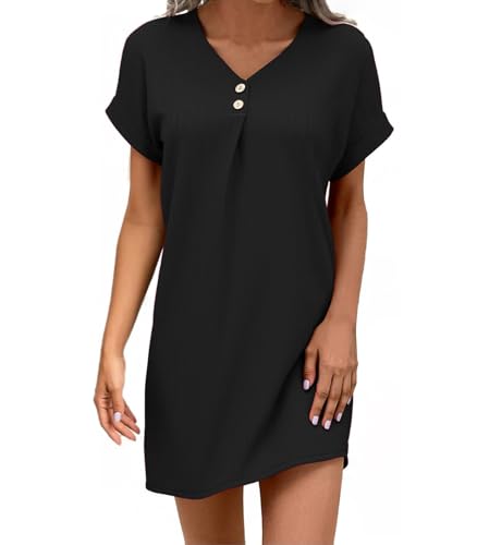 Wantonfy Sommerkleid Damen V-Ausschnitt Halbarm Hemdkleid Strandkleid Freizeit Kleider Einfarbig Kurzes Kleid mit Taschen von Wantonfy