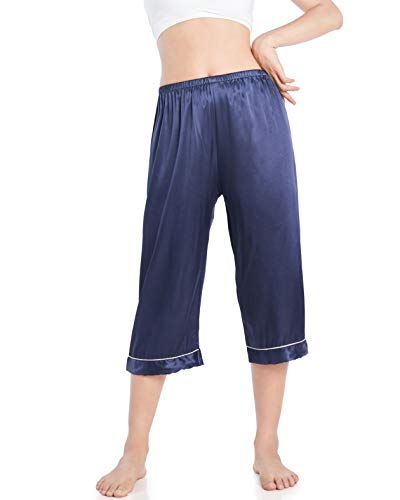 Wantschun Damen Capri Pyjama Hose Satin Silk Schlafanzughose Nachtwäsche Hose 3/4- lang Navy Blau;X-Large von Wantschun