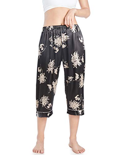 Wantschun Damen Capri Pyjama Hose Satin Silk Schlafanzughose Nachtwäsche Hose 3/4- lang Schwarz Blumen;Large von Wantschun