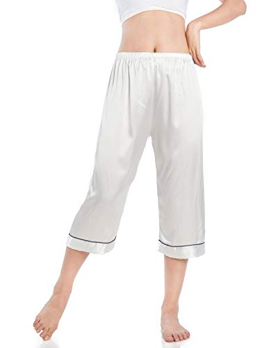 Wantschun Damen Capri Pyjama Hose Satin Silk Schlafanzughose Nachtwäsche Hose 3/4- lang Weiß;Medium von Wantschun