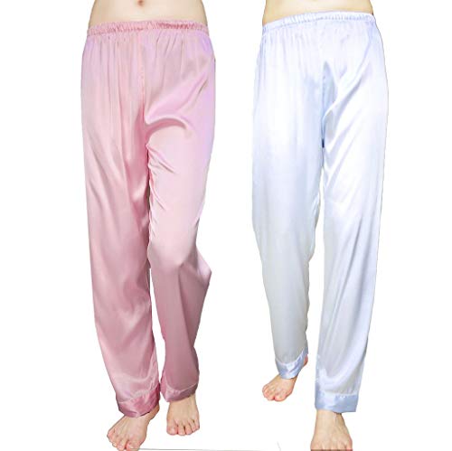 Wantschun Damen Satin Silk Schlafanzughose Nachtwäsche Hose Pyjama Bottom, Pack Of 2:rosa+licht Blau, L von Wantschun