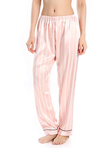 Wantschun Damen Satin Silk Schlafanzughose Nachtwäsche Hose Pyjama Bottom Rosa Streifen EU Größe L von Wantschun