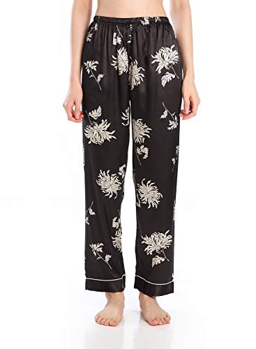 Wantschun Damen Satin Silk Schlafanzughose Nachtwäsche Hose Pyjama Bottom Schwarz Blumen EU Größe L von Wantschun