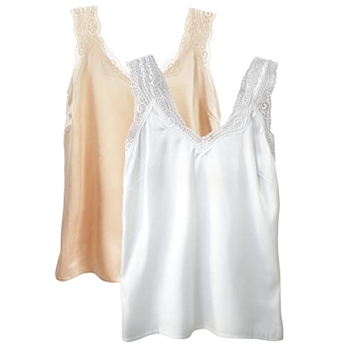 Wantschun Damen Satin Silk Tank Top Ärmellose Bluse Camisole V-Ausschnitt Lochmuster Lace Träger Pack of 2:Weiß+Champagne;XXL von Wantschun