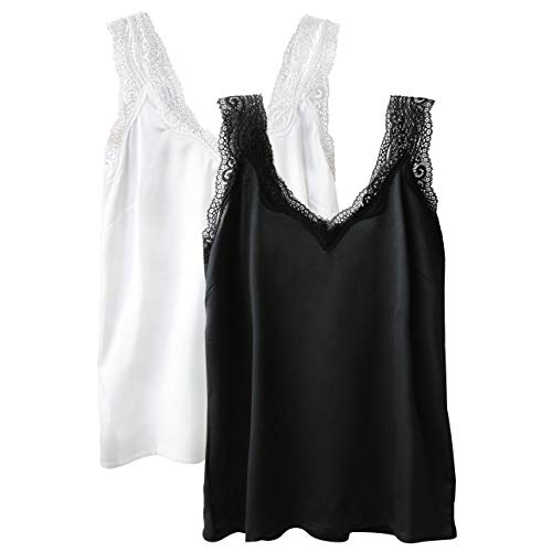 Wantschun Damen Satin Silk Tank Top Ärmellose Bluse Camisole V-Ausschnitt Lochmuster Lace Träger Pack of 2:Weiß+Schwarz;L / 42 von Wantschun