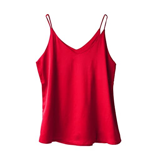 Wantschun Damen Seiden-Satin-Mieder, Camisole mit Trägern, einfarbig, Top, T-Shirt, Bluse, Tank-Shirt, V-Ausschnitt, Spaghettiträger, XXS-4XL - Rot - Groß von Wantschun