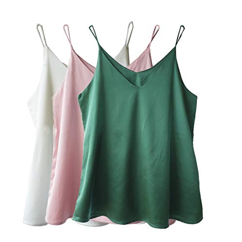 Wantschun Damen Satin Silk Weste Bluse Tank Tops Shirt Cami Spaghetti Träger Camisole Vest V-Ausschnitt Basic - 3-Pack:Grün+Rosa+Weiß ; 2X von Wantschun
