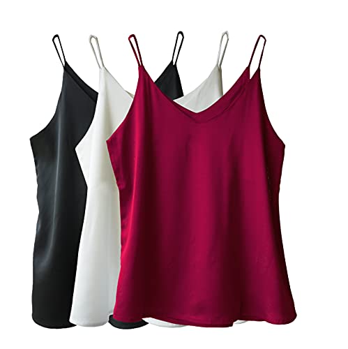 Wantschun Damen Satin Silk Weste Bluse Tank Tops Shirt Cami Spaghetti Träger Camisole Vest V-Ausschnitt Basic - 3-Pack:Schwarz+Weinrot+Weiß ; M von Wantschun
