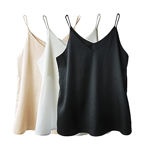 Wantschun Damen Satin Silk Weste Bluse Tank Tops Shirt Cami Spaghetti Träger Camisole Vest V-Ausschnitt Basic - 3-Pack:Schwarz+Weiß+Champagne ; 2X von Wantschun