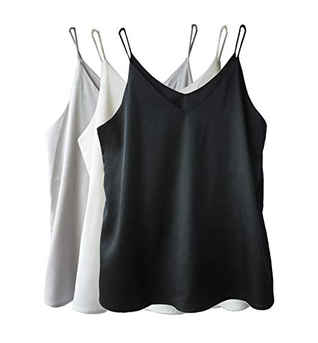 Wantschun Damen Satin Silk Weste Bluse Tank Tops Shirt Cami Spaghetti Träger Camisole Vest V-Ausschnitt Basic - 3-Pack:Schwarz+Weiß+Grau ; 3X von Wantschun