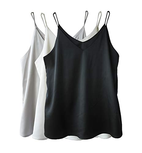 Wantschun Damen Satin Silk Weste Bluse Tank Tops Shirt Cami Spaghetti Träger Camisole Vest V-Ausschnitt Basic - 3-Pack:Schwarz+Weiß+Grau ; L von Wantschun
