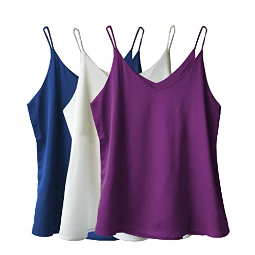 Wantschun Damen Satin Silk Weste Bluse Tank Tops Shirt Cami Spaghetti Träger Camisole Vest V-Ausschnitt Basic - 3-Pack:Weiß+Navy Blau+Lila ; L von Wantschun