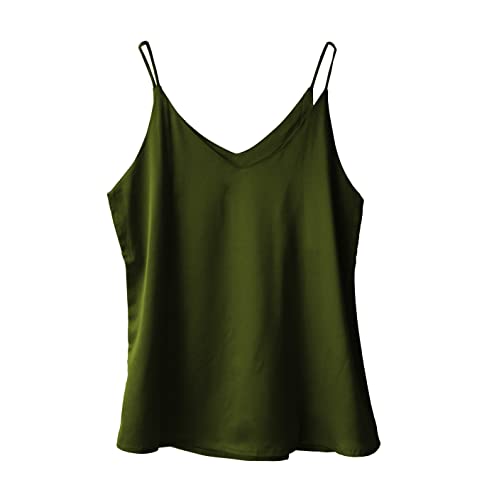 Wantschun Damen Satin Silk Weste Bluse Tank Tops Shirt Cami Spaghetti Träger Camisole Vest V-Ausschnitt Basic - Armeegrün ; L von Wantschun