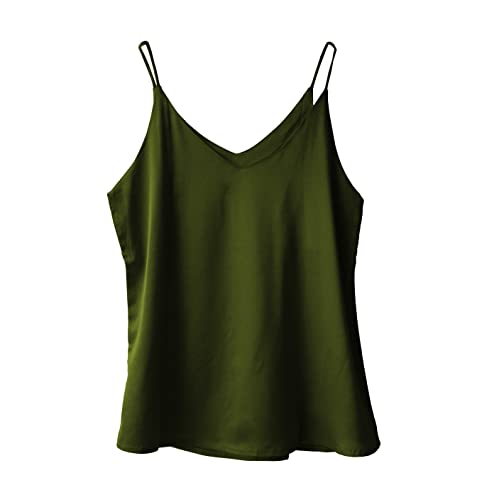 Wantschun Damen Satin Silk Weste Bluse Tank Tops Shirt Cami Spaghetti Träger Camisole Vest V-Ausschnitt Basic - Armeegrün ; S von Wantschun