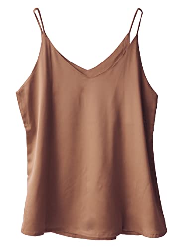 Wantschun Damen Satin Silk Weste Bluse Tank Tops Shirt Cami Spaghetti Träger Camisole Vest V-Ausschnitt Basic - Braun ; 3X von Wantschun