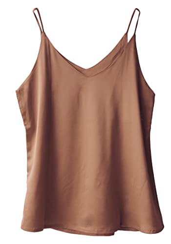 Wantschun Damen Satin Silk Weste Bluse Tank Tops Shirt Cami Spaghetti Träger Camisole Vest V-Ausschnitt Basic - Braun ; L von Wantschun