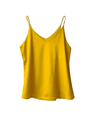 Wantschun Damen Satin Silk Weste Bluse Tank Tops Shirt Cami Spaghetti Träger Camisole Vest V-Ausschnitt Basic - Gelb ; L von Wantschun