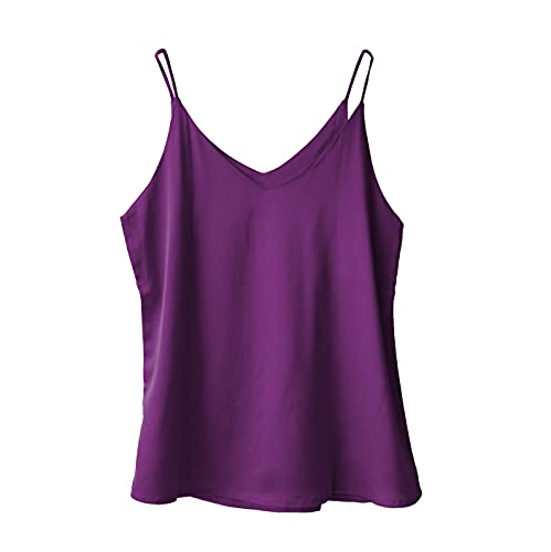 Wantschun Damen Satin Silk Weste Bluse Tank Tops Shirt Cami Spaghetti Träger Camisole Vest V-Ausschnitt Basic - Lila ; XL von Wantschun