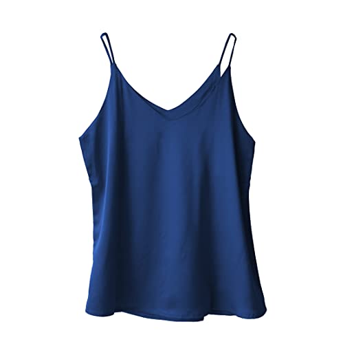 Wantschun Damen Satin Silk Weste Bluse Tank Tops Shirt Cami Spaghetti Träger Camisole Vest V-Ausschnitt Basic - Navy Blau ; L von Wantschun