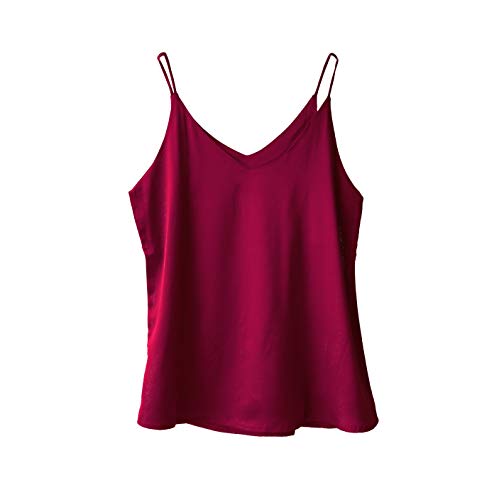 Wantschun Damen Satin Silk Weste Bluse Tank Tops Shirt Cami Spaghetti Träger Camisole Vest V-Ausschnitt Basic - Weinrot ; 1X von Wantschun