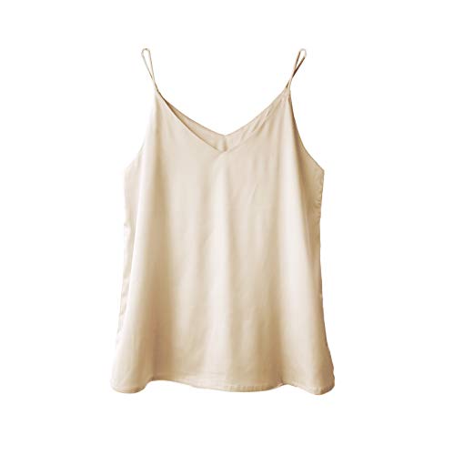 Wantschun Damen Seiden-Satin-Mieder, Camisole mit Trägern, einfarbig, Top, T-Shirt, Bluse, Tank-Shirt, V-Ausschnitt, Spaghettiträger, XXS-4XL - Beige - X-Klein von Wantschun