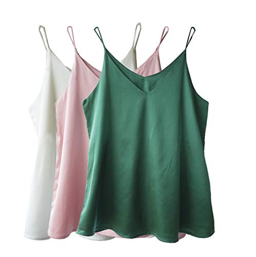 Wantschun Damen Seiden-Satin-Mieder, Camisole mit Trägern, einfarbig, Top, T-Shirt, Bluse, Tank-Shirt, V-Ausschnitt, Spaghettiträger, XXS-4XL - Grün - Klein von Wantschun