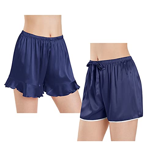 Wantschun Damen Schlafanzughose Kurze Hose Shorts Satin Silk Pyjamahose Nachtwäsche Hose Style A+B - 2 Pack: Navy Blau ; XL von Wantschun