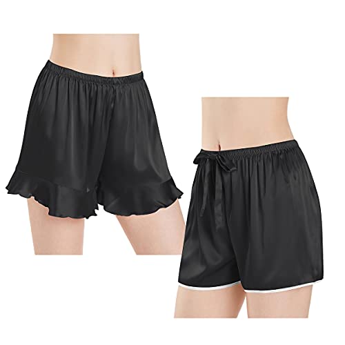 Wantschun Damen Schlafanzughose Kurze Hose Shorts Satin Silk Pyjamahose Nachtwäsche Hose Style A+B - 2 Pack: Schwarz ; S von Wantschun