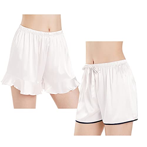 Wantschun Damen Schlafanzughose Kurze Hose Shorts Satin Silk Pyjamahose Nachtwäsche Hose Style A+B - 2 Pack: Weiß ; M von Wantschun