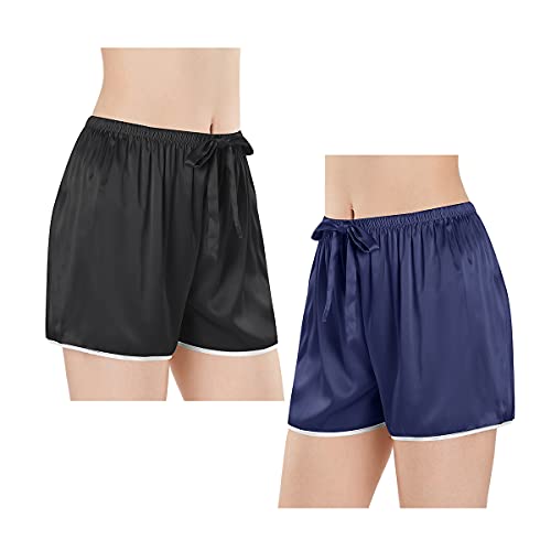 Wantschun Damen Schlafanzughose Kurze Hose Shorts Satin Silk Pyjamahose Nachtwäsche Hose Style A-2 Pack:Schwarz+Navy Blau ; XXL von Wantschun