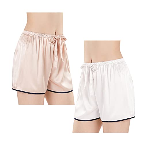 Wantschun Damen Schlafanzughose Kurze Hose Shorts Satin Silk Pyjamahose Nachtwäsche Hose Style A-2 Pack:Weiß+Champagne ; XL von Wantschun