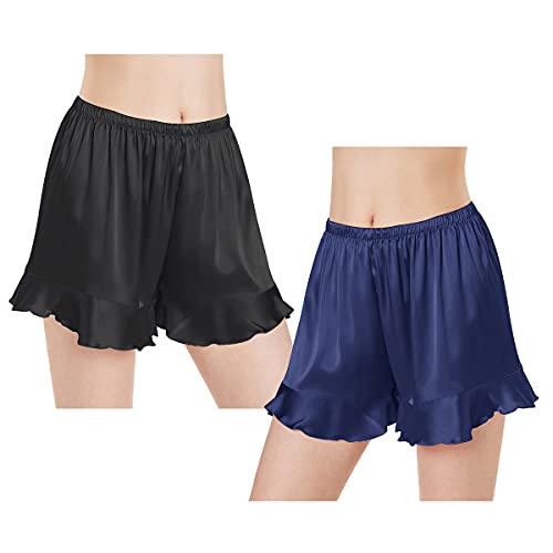 Wantschun Damen Schlafanzughose Kurze Hose Shorts Satin Silk Pyjamahose Nachtwäsche Hose Style B-2 Pack:Schwarz+Navy Blau ; S von Wantschun
