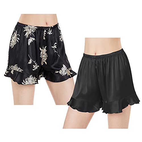 Wantschun Damen Schlafanzughose Kurze Hose Shorts Satin Silk Pyjamahose Nachtwäsche Hose Style B-2 Pack:Schwarz+Schwarz Blumen ; M von Wantschun