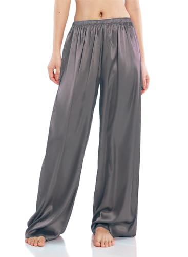 Wantschun Damen Schlafanzughose Satin Silk Pyjamahose Wide Leg Nachtwäsche Hose - Dunkelgrau ; 3XL von Wantschun