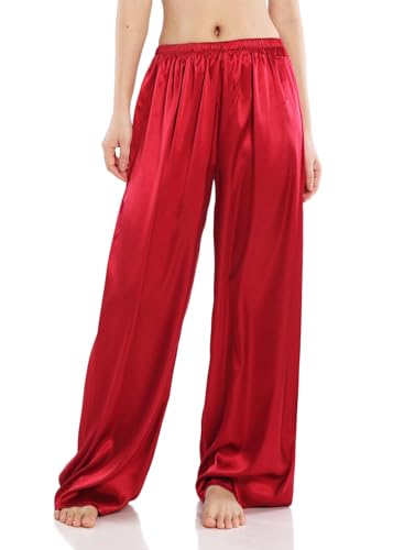 Wantschun Damen Schlafanzughose Satin Silk Pyjamahose Wide Leg Nachtwäsche Hose - Weinrot ; M von Wantschun