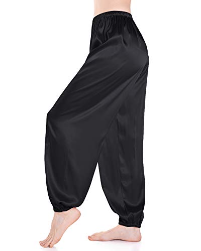 Wantschun Damen Schlafanzughose Yoga Hose Lang Satin Silk Pyjamahose Nachtwäsche Schwarz ; XXL von Wantschun