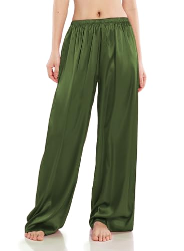 Wantschun Damen Schlafanzughose lang Satin Silk Pyjamahose Wide Leg Nachtwäsche Hose Armeegrün ; XL von Wantschun