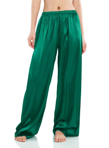 Wantschun Damen Schlafanzughose lang Satin Silk Pyjamahose Wide Leg Nachtwäsche Hose Dunkelgrün;X-Large von Wantschun