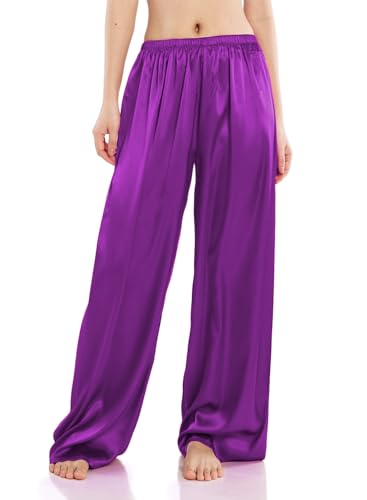 Wantschun Damen Schlafanzughose lang Satin Silk Pyjamahose Wide Leg Nachtwäsche Hose Dunkelviolett ; M von Wantschun