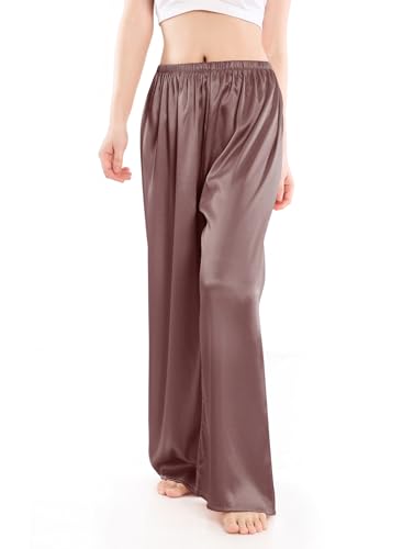 Wantschun Damen Schlafanzughose lang Satin Silk Pyjamahose Wide Leg Nachtwäsche Hose Längere Länge - Braun ; L von Wantschun