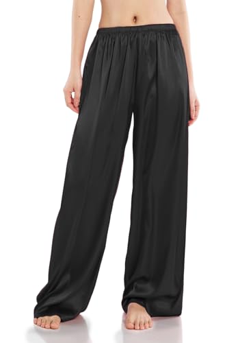 Wantschun Damen Schlafanzughose lang Satin Silk Pyjamahose Wide Leg Nachtwäsche Hose Längere Länge - Schwarz ; XL Wantschun Damen Schlafanzughose lang Satin Silk Pyjamahose Wide Leg Nachtwäsche Hose Längere Länge - Schwarz ; XL von Wantschun