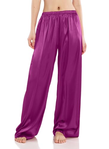 Wantschun Damen Schlafanzughose Satin Silk Pyjamahose Wide Leg Nachtwäsche Hose - Violett ; XXL von Wantschun